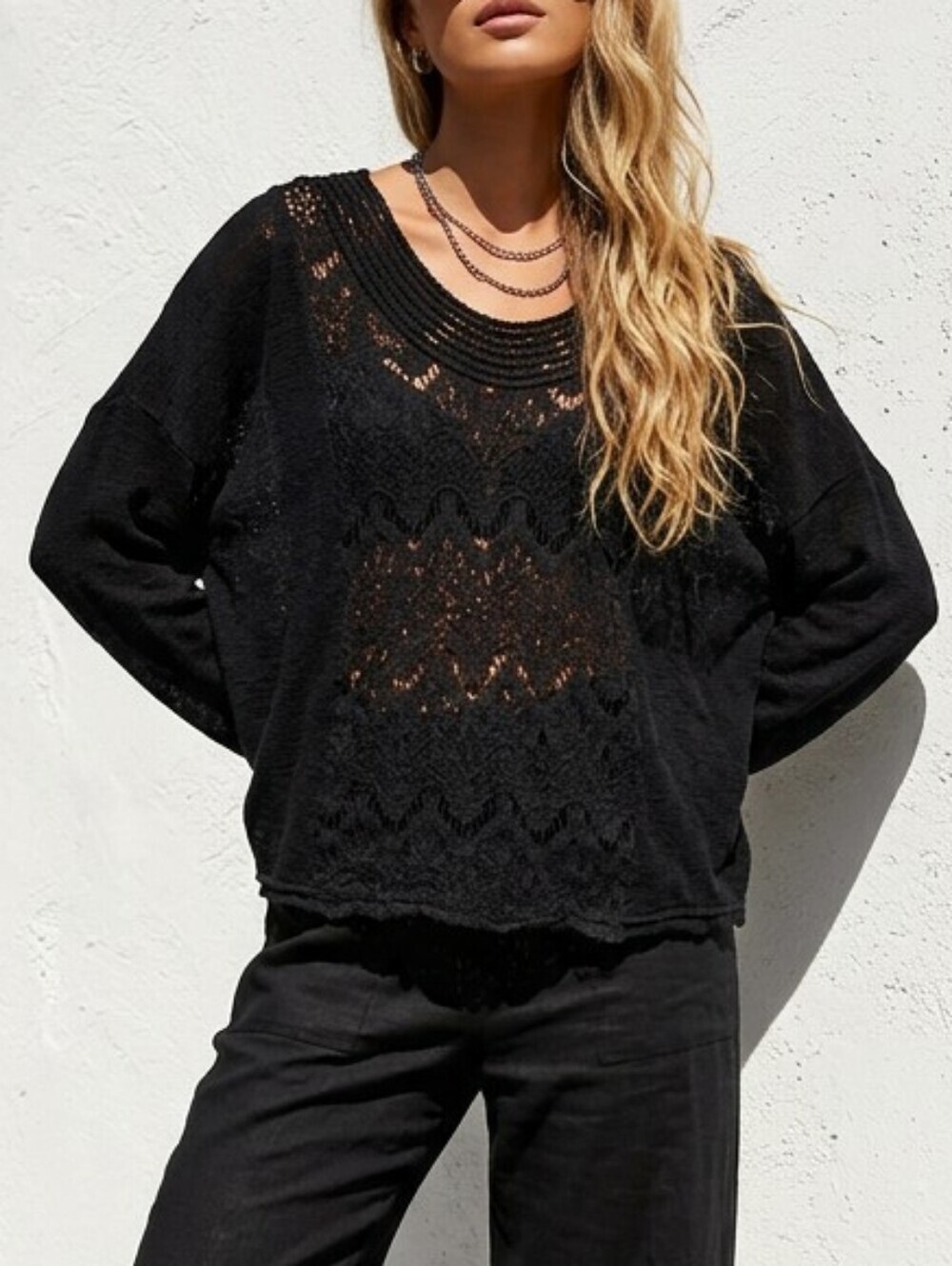 Black lace Sheer Whimsygoth Square Crew Neck Oversized Lightweight Sweater